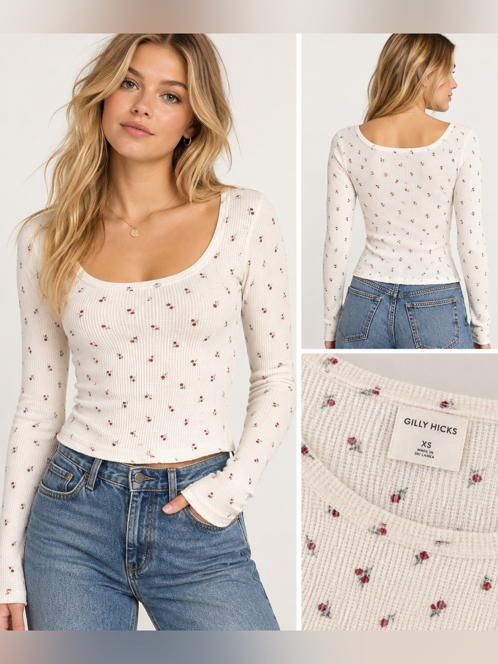 Gilly Hicks Cream Ribbed Scoop Neck Long Sleeve with Tiny Red Floral Print XS